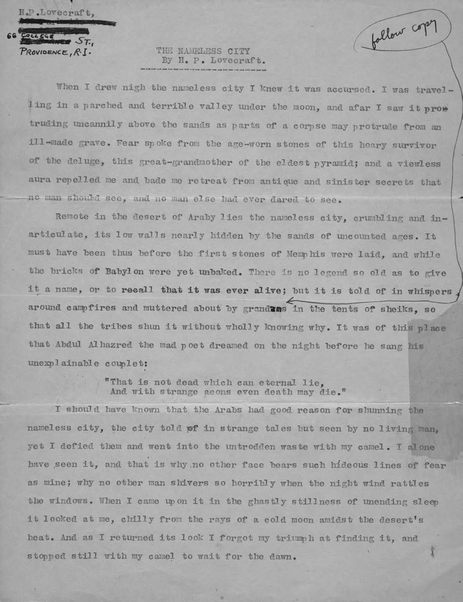 洛夫克拉夫特手写修订的打字稿